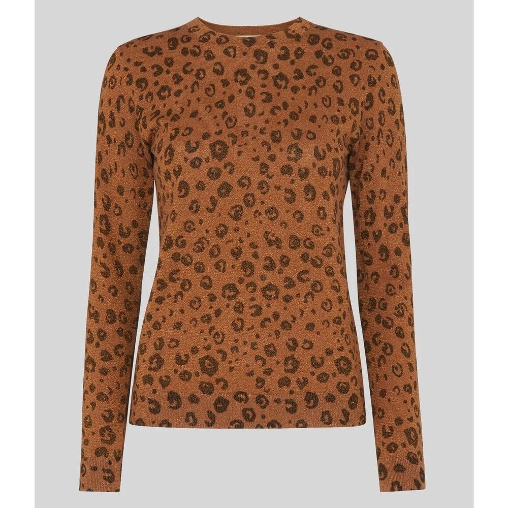 NWT Whistles Cheetah Printed Sparkle Knit Sweater Brown Multi Size 8 Animal